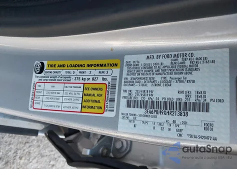 2017 Ford Fusion Se z USA, uszkodzony, nr VIN 3FA6P0H9XHR213838